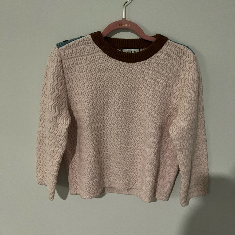 Paul & joe short tricolor wool and cashmere knit sweater, light pink, size 3